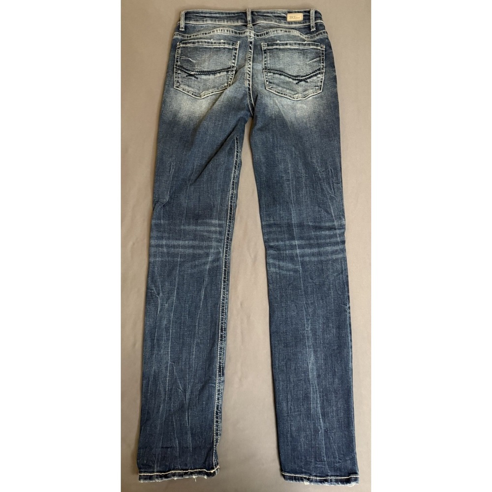 BKE Stella Jeans Womens 29X31.5  Dark Blue Mid Rise Slim Straight Leg Distressed - Picture 11 of 15
